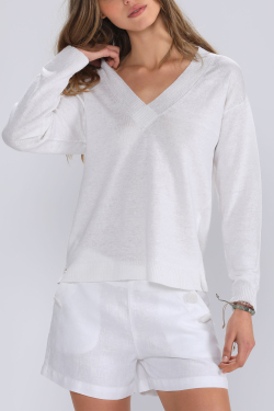 Pull col V Ibiza Lin Blanc - Femmes Escales 