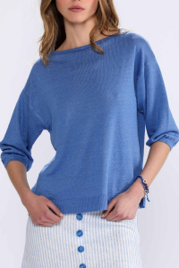 Pull Ibiza col bateau Lin Bleu Acier - Femmes Escales