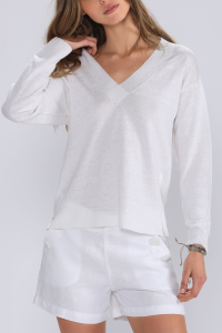 Pull col V Ibiza Lin Blanc - Femmes Escales 