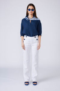 Pantalone "Pont" Rayato di Lino Bianco Ufficiale / Blu Reale Primavera/Estate Donna