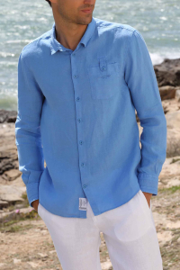 Camisa Lino Hombre color Azul de Manga Larga - Boutique en línea Oficial ESCALES®